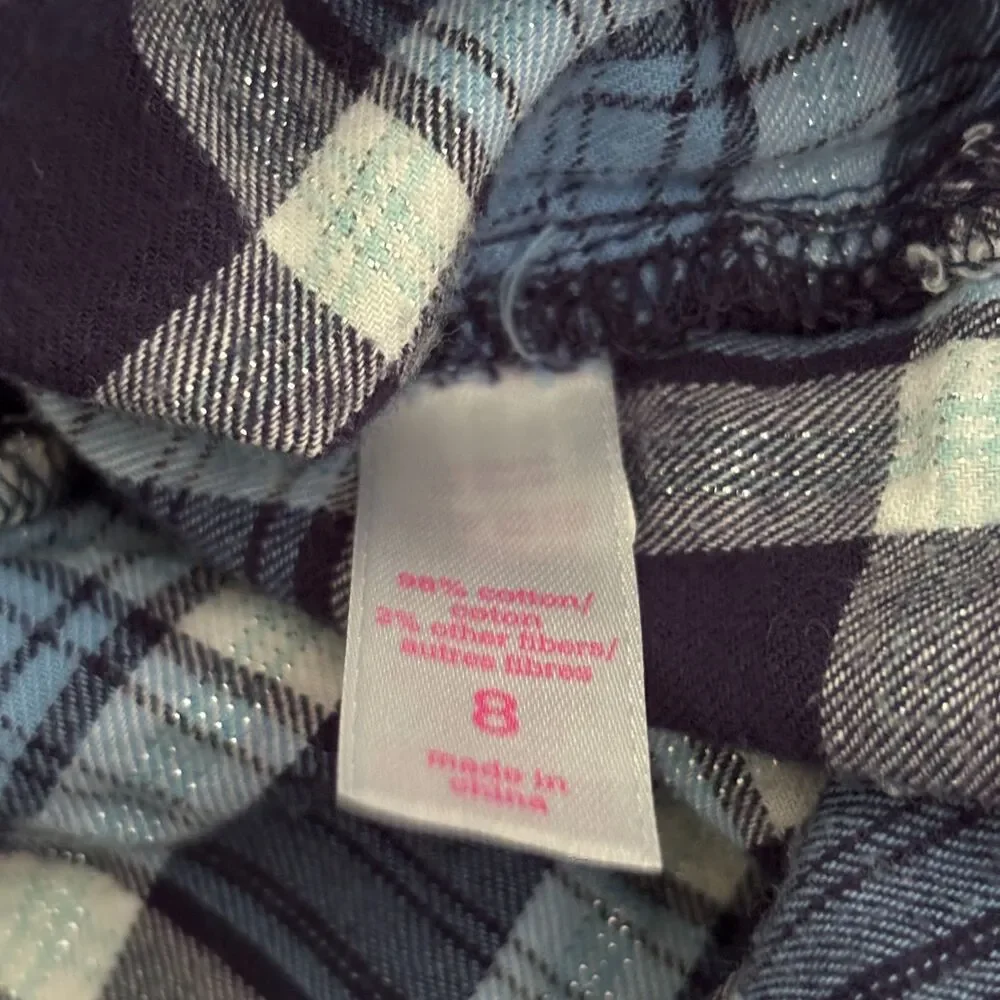 Justice Girls Sz 8 Blue Plaid Owl Sequin Roll Tab Button Front Flannel Shirt #14